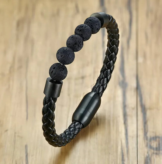 Natural Obsidian and Leather Bracelet